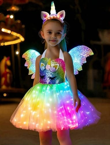 SHINYOU Girls Unicorn Costume, Rainbow Unicorn Dress, LED Light Up Unicorn Tutu with Wing for Halloween Birthday Gift DeepRainbow+Wing 5-6Y¡