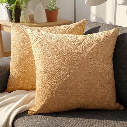 Encasa XO Luxury Embossed Velvet Cushion Covers - Plush Throw Pillow Covers for Elegant Living Rooms & Bedrooms, Machine Washable, 40x40 cm Gold | Set of 2 | Covers Only No Insert