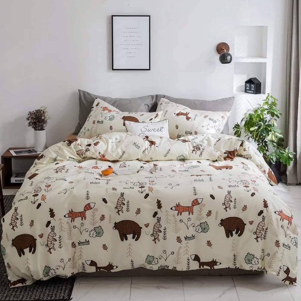 Houseri Beige Bear Comforter Set Twin Size 3 Pieces Toddler Girls Boys Woodland Theme Cartoon Bedding Sets Ultra Comfy Fox Rabbit Forest Animal Print Breathable Soft Bed Quilt Blanket Twin Kids Gift