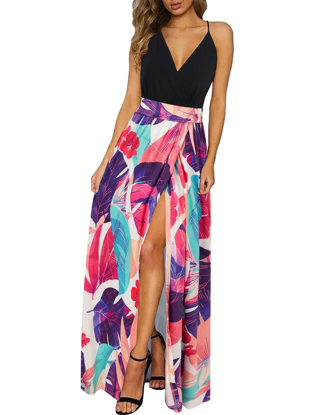 Newshows Womens' Summer 2025 Plus Size Spaghetti Strap Sleeveless Casuales Split Spring Clothes Tropical Laua Party Long Flowy Maxi Flowy Dress(Black Floral Purple, L)
