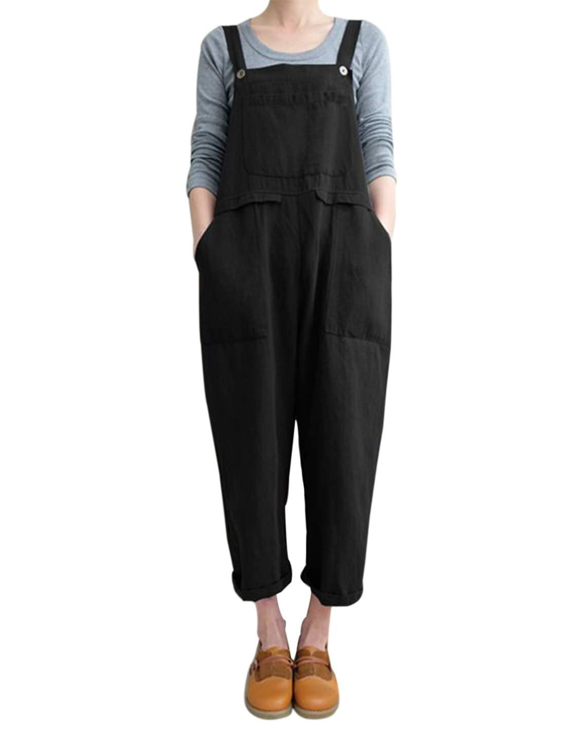 Gihuo Women's Linen Overalls Loose Fit Baggy Bib Overalls Wide Leg Jumpsuit(Black, Large)