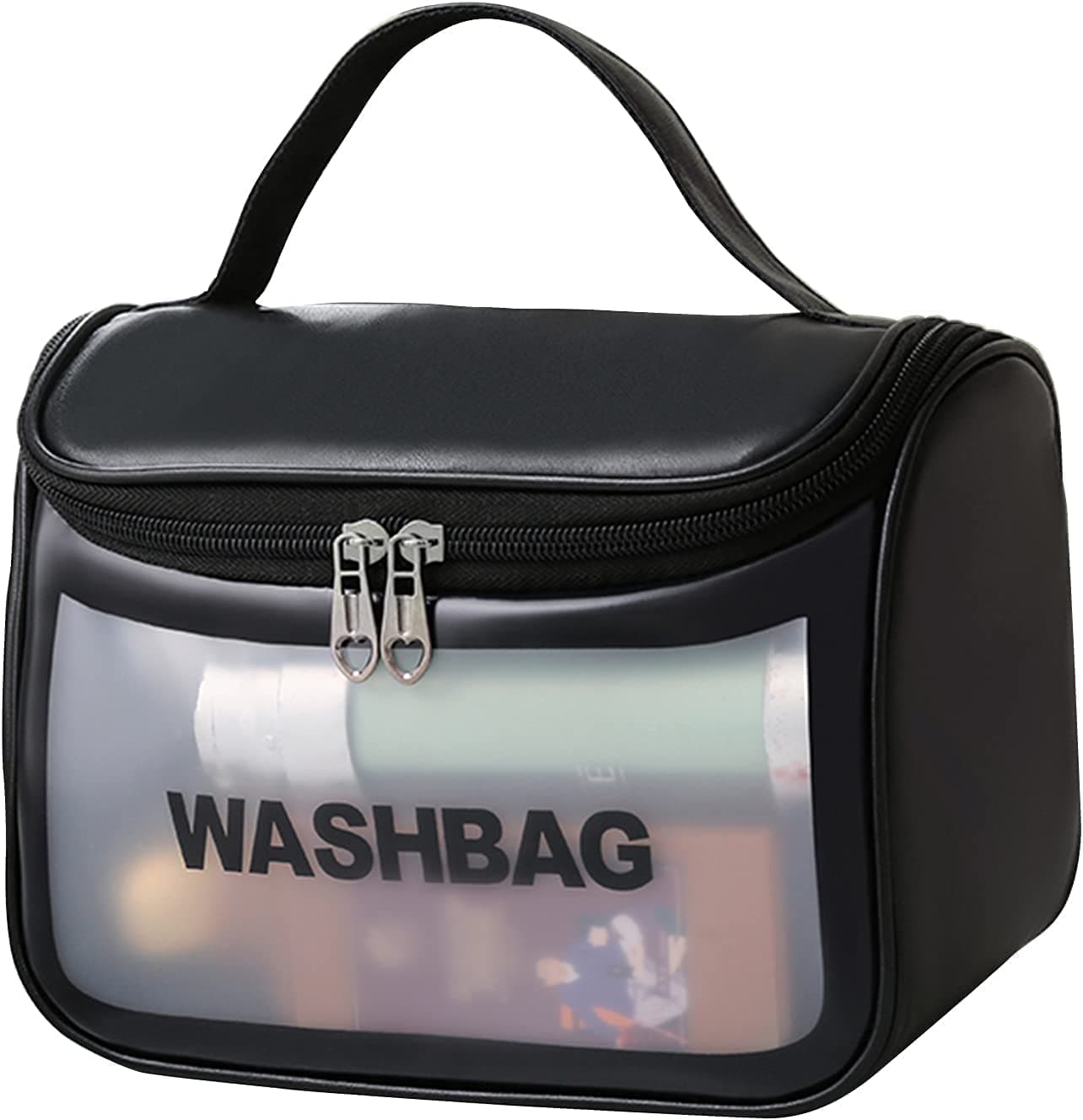 Gowloz Wash Bag Half Round (Black) with Hanging Hook – Waterproof Toiletry Bag for Travel, Makeup Organizer Pouch, Personal Care Storage Case (22 x 12 x 16 cm)