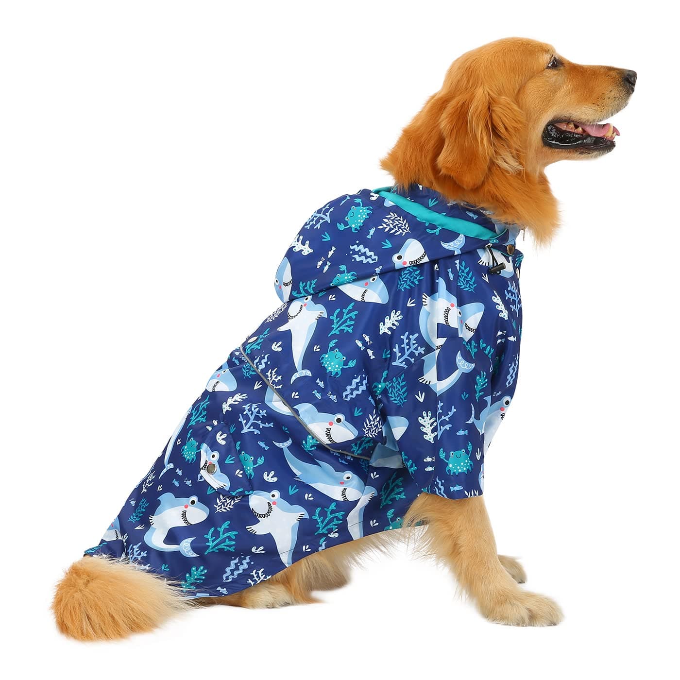 HDE Dog Raincoat Poncho Double Layer Zip Rain Jacket with Removable Hood Leash Hole for Small to 3XL Dogs and Puppies Sharks 2XL