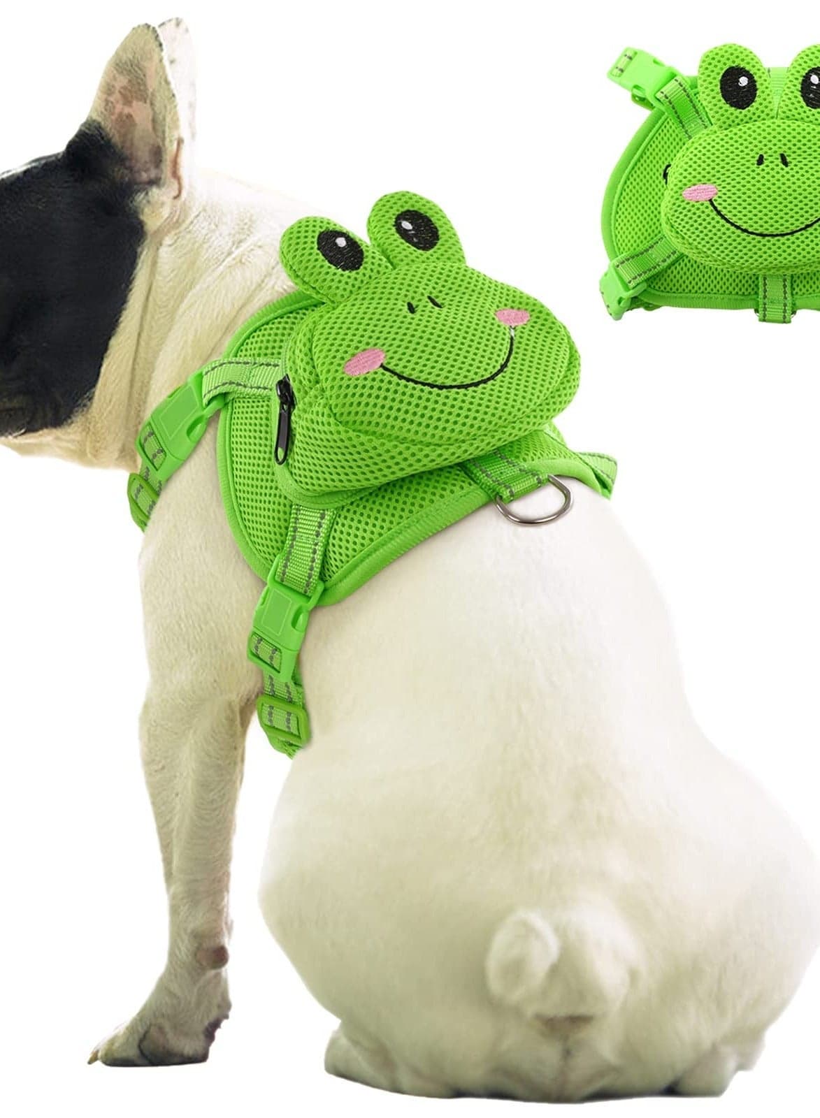 Frog Dog Backpack Harness, No-Pull Pet Harness Vest with Saddle Bag for Travel and Hiking. Adjustable Comfortable Mesh D-Ring Small to Medium Dogs.