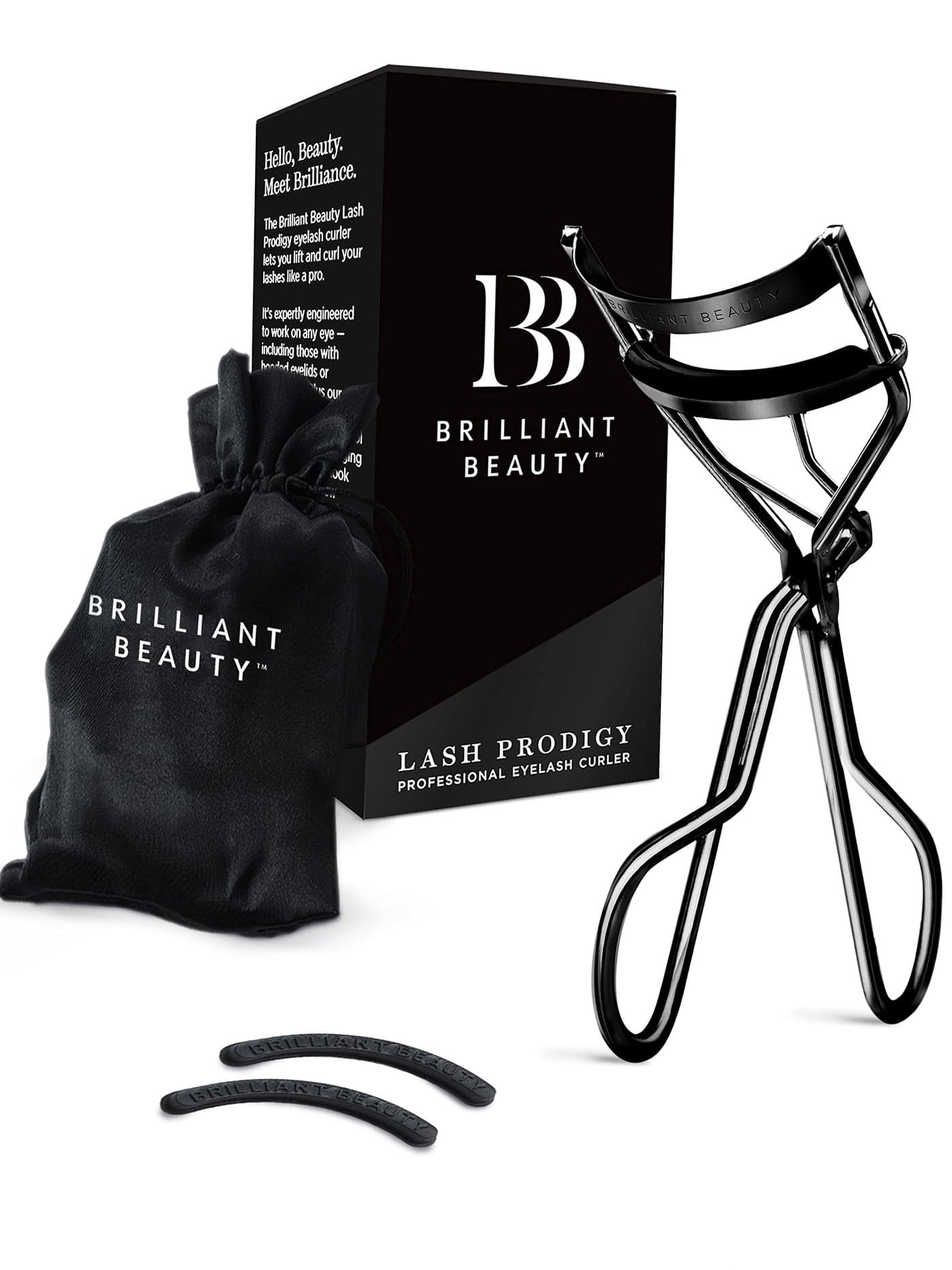Brilliant Beauty Eyelash Curler with Satin Bag Refill Pads Award Winning Eye Lash Curlers for Dramatically Curled Eyelashes Lash Lift in Seconds Jet Black