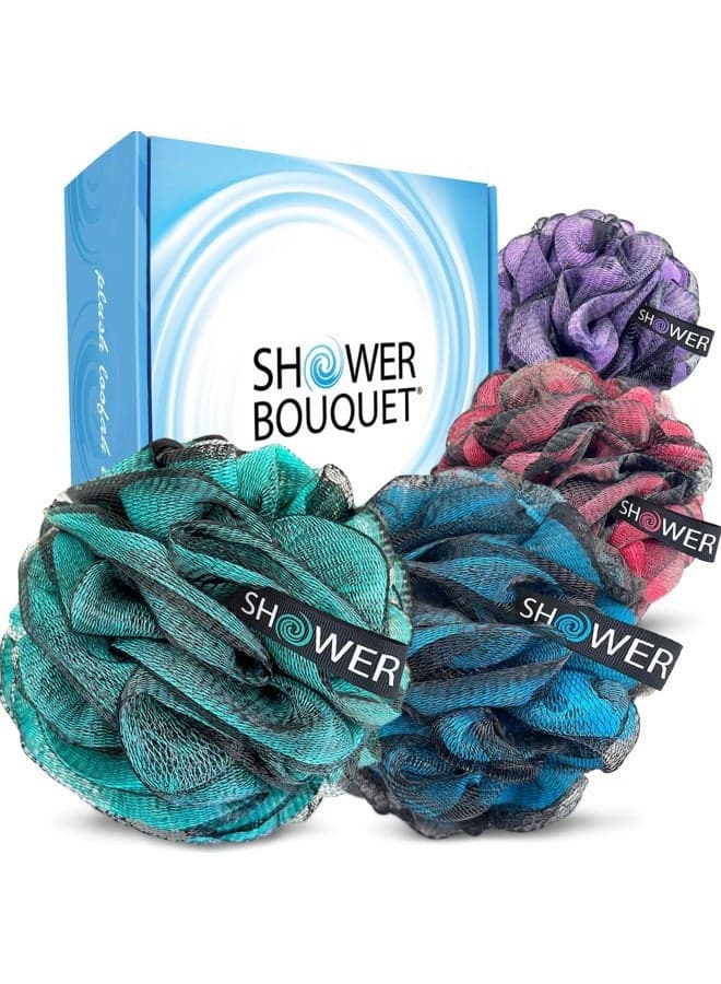 SHOWER BOUQUET Loofah-Charcoal Bath-Sponge XL-Color-4-Pack // Extra Large 75g Soft Mesh Black Luffa Loofa Loufa Puff Set/Exfoliating Body Scrubber for Women and Men - Exfoliate & Soothe Face & Body