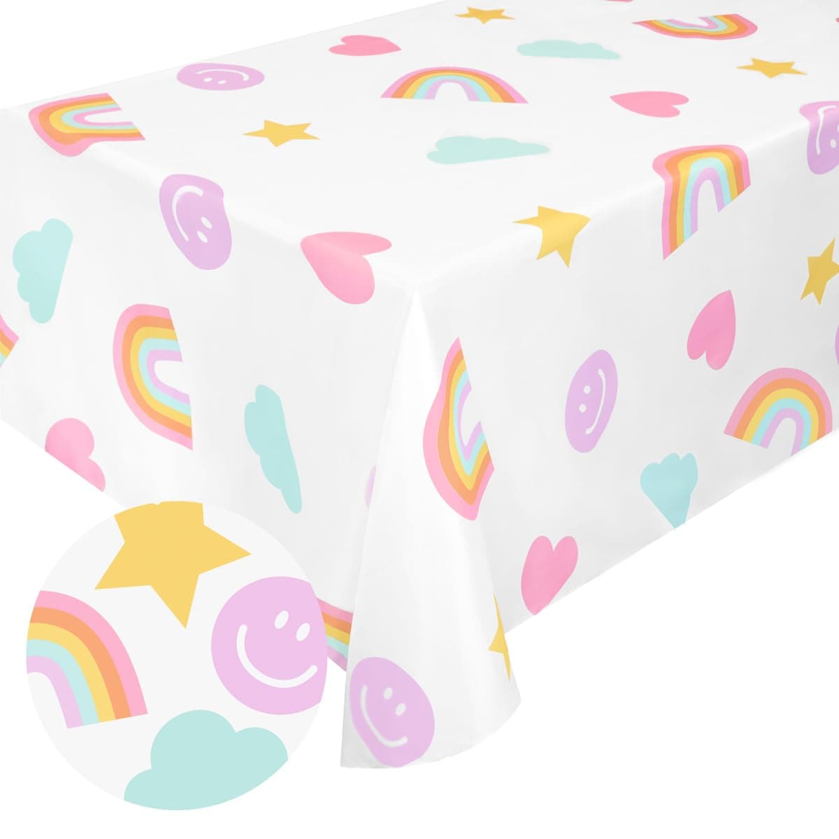 xo Fetti Smiley Face Disposable Tablecloth 9ft Rainbow Birthday Decorations Pastel Table Cover Preppy Girls Table Cloth Unicorn Bday Pink Happy Birthday Party