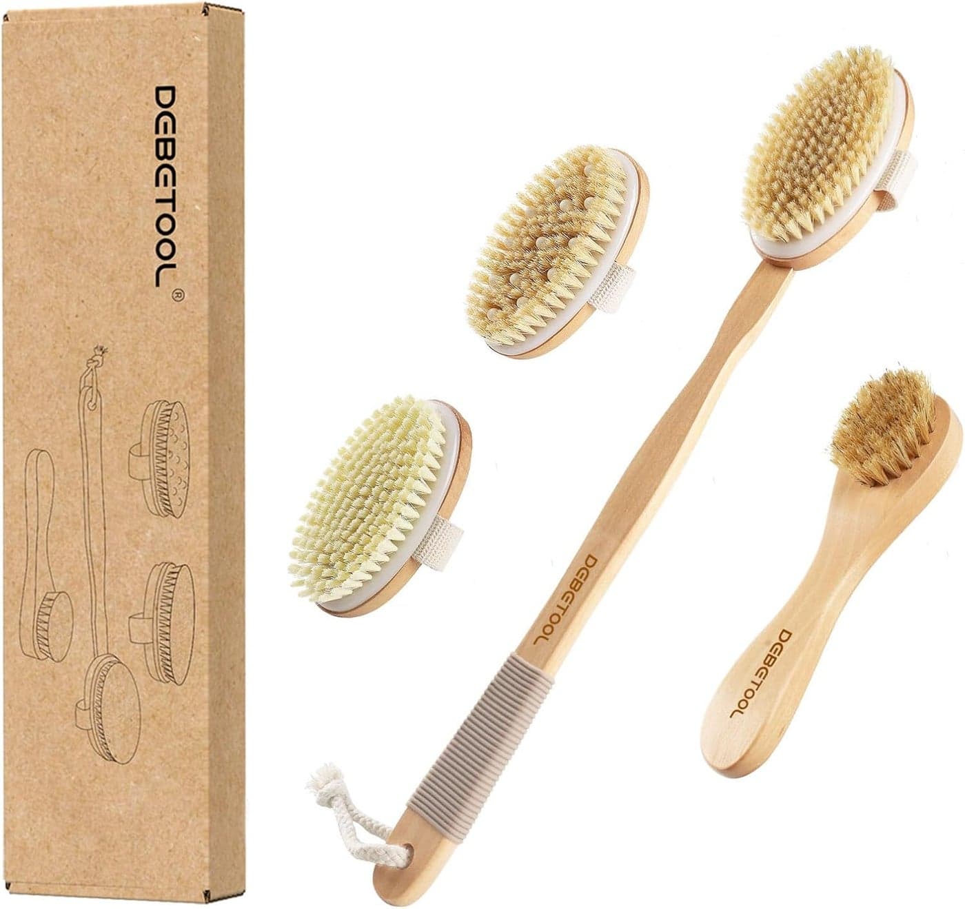 Dry Brushing Set Natural Boar Bristle Body Face Brush Wooden Long Handle Scrub Brush for Cellulite Lymphatic Drainage Detachable 3 Brush Heads