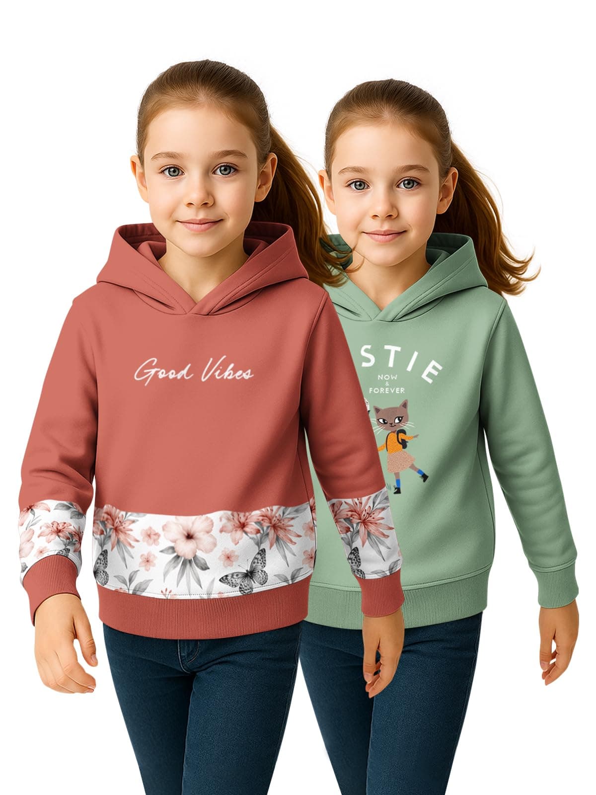 HELLCAT Trendy Cotton Blend Hoodie Sweatshirt for Girls - Pack of 2_Brown2, Sea Green_3-4Years