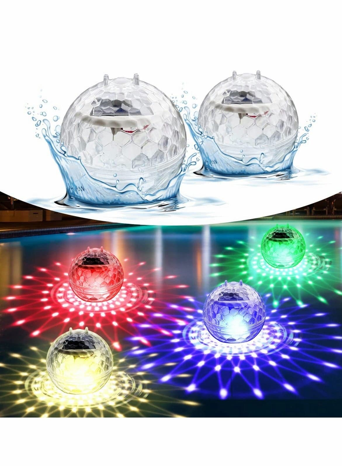 Solar Floating Pool Lights, Pool Lights That Float with RGB Color Changing Waterproof Disco Solar Pool Lights for Swimming Pool at Night Hangable LED Glow Ball Lights for Pond, Garden, Backyard 2PCS