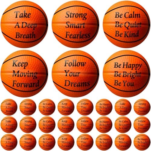 Blulu 30 Pack Mini Basketball Stress Balls with Motivational Quotes Foam Squeeze Sports Toys for Anxiety Relief Sports Theme Party Favors School Rewards Birthday Gifts for Kids AdultsBrown