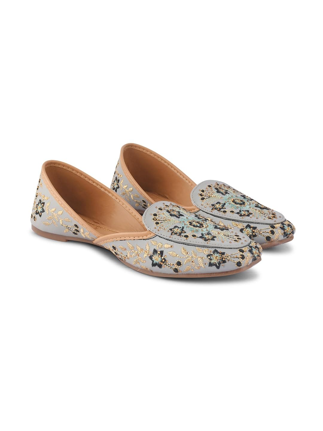 JM LOOKS Women's Ethnic Punjabi Juttis | Traditional Slip-On Flats | Cushioned Footbed Comfortable & Stylish Mojaris Juttis for Girls & Women - Grey