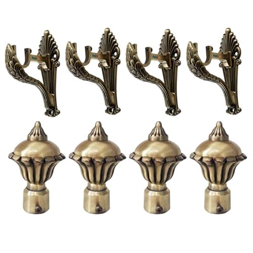 FERIO Curtain Holders Brackets and Curtain Finials for Door and Window Rod Fittings 1 Inch Rod Brass Antique for Home Decor (Curtain Holder 4 Pcs and Curtain Finial 4 Pcs)