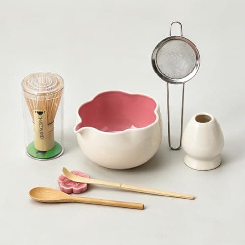 ChaseWind Matcha Set 8Pcs Floral Ceramic Matcha Kit with Matcha Whisk Holder Scoop Scoop Rest Sifter Spoon and Tea Towel Thoughtful Matcha Whisk Set Gift for Matcha Lovers Beige Pink