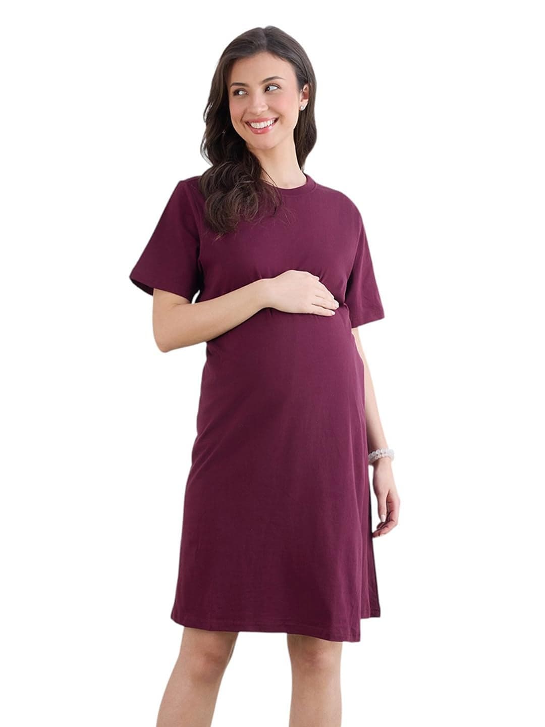 MomToBe Women's Cotton Maternity Dresses | Pregnancy Feeding Nursing Dress (Mulberry Wine ; Medium)