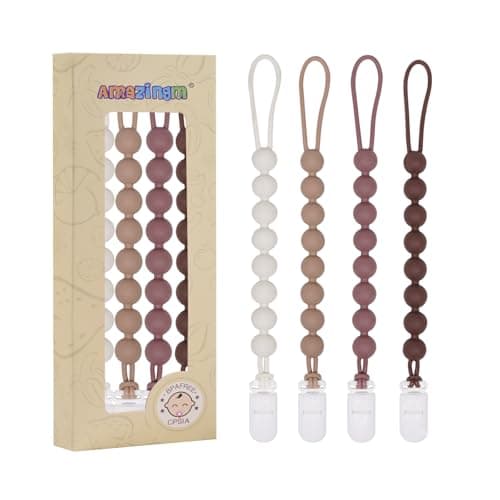 4 Pcs Brown Baby Silicone Teething Pacifier ClipOnepiece DesignRound ShapeSmooth SurfaceBPA Free