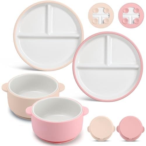 Domensi 4 Pcs Porcelain Kids Plates and Bowls Sets with Suction, 2 Ceramic Toddler Divided Plates 2 Baby Anti Slip Silicone Sleeve Bowls for Feeding Supplies Microwave Dishwasher Safe (Orange,Yellow)