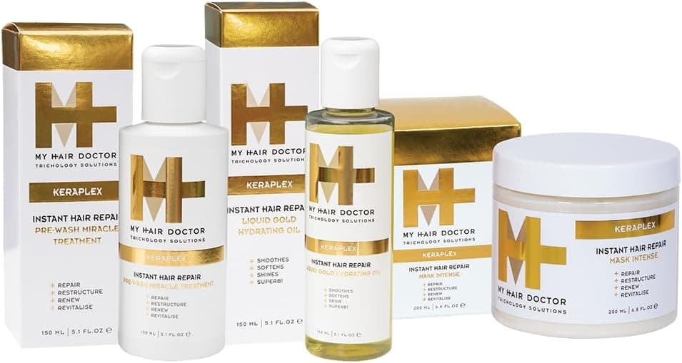 MHD Keraplex Instant Hair Repair Trio Pack for Dry Brittle Hair Liquid Gold Hair Oil 150ml PreWash Miracle Treatment 150ml Nourishing Hair Mask 200ml