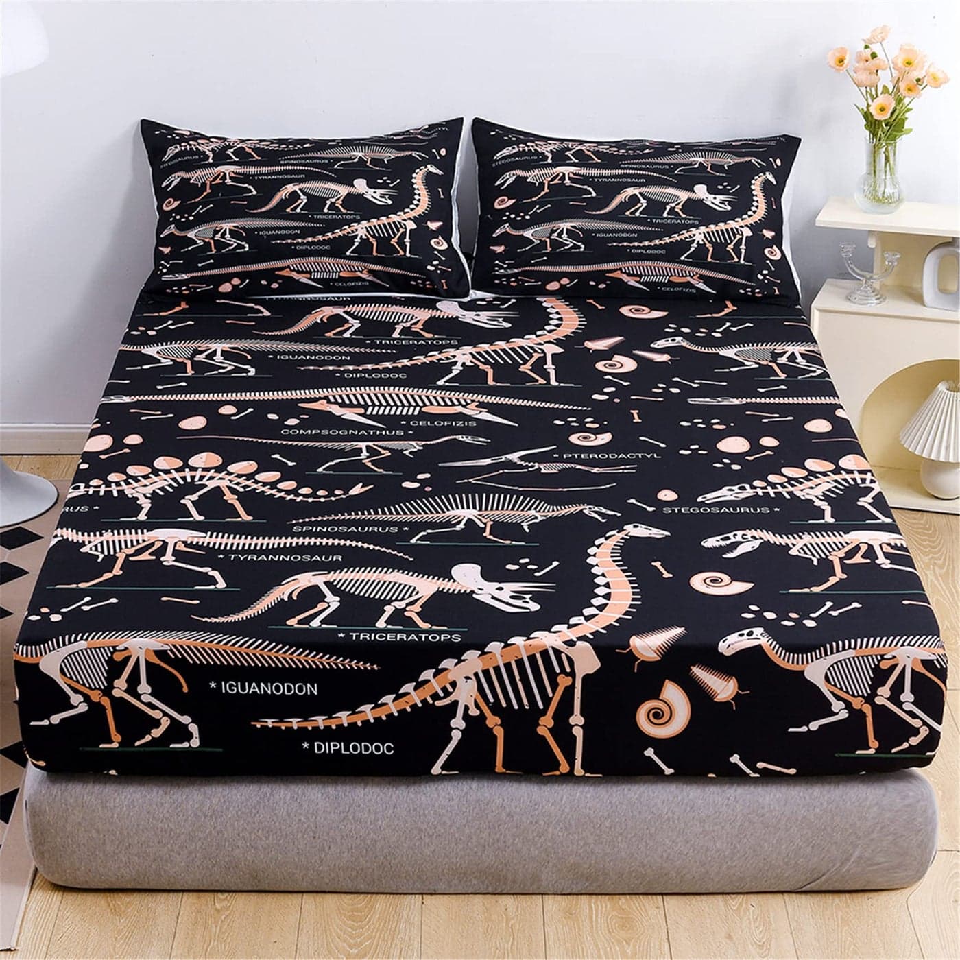 URLINENS Dinosaur Fitted Sheet Twin Size Jurassic Evolution Dino Bones Bedding Set 2 Piece 1 Fitted Sheet and 1 Pillowcase Wildlife Dinosaur Sheet Set for Kids Boys Girls Teens Fun Bed Sheet