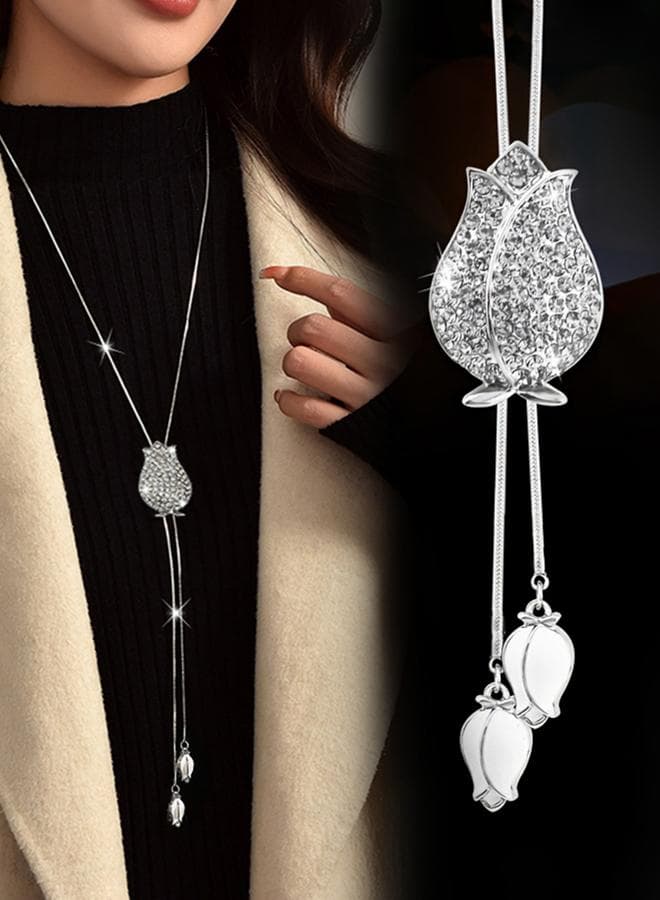 Rhinestone Rose Shaped Tassel Pendant Necklace