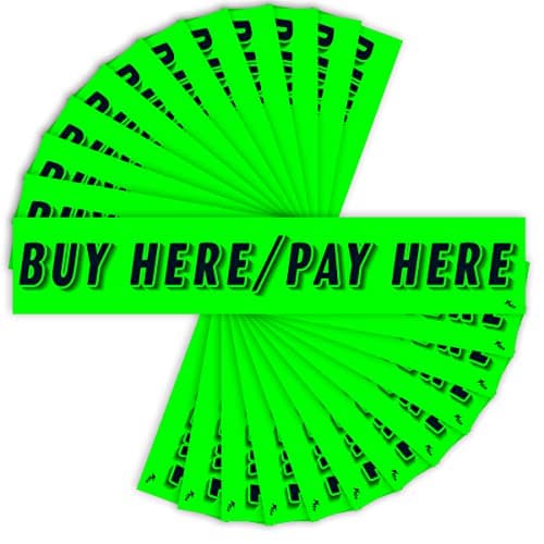 Versa-Tags Chartreuse Green Vinyl Slogan Stickers - 12-Pack for Car Dealer Windshield Advertising, Perfect for Used/New Car Truck RV Lots Slogan-Buy-Here-Pay-Here-Stickers