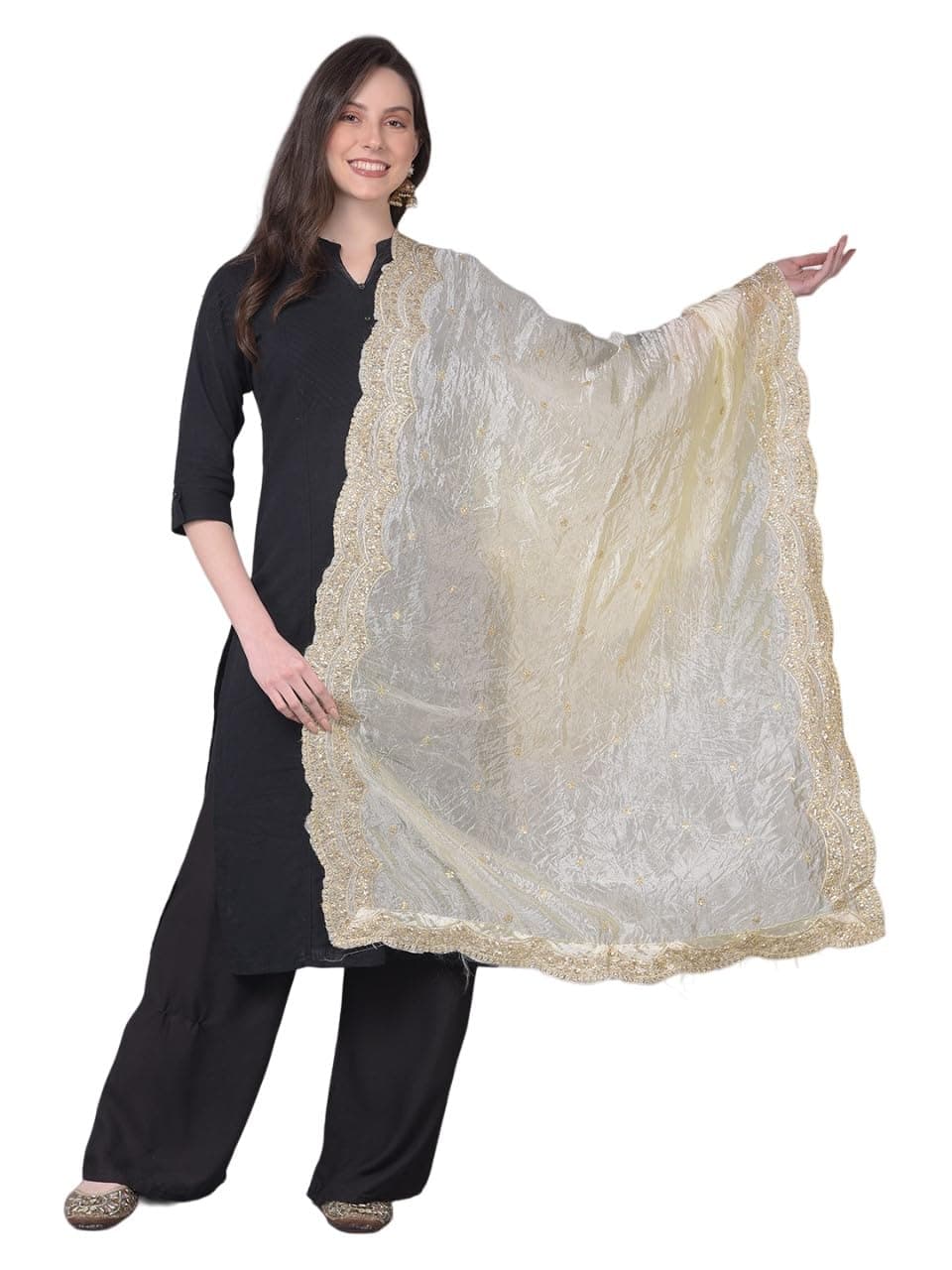 A R Silk Women's Off White Gold Zari Work Embroidered Fancy Dupatta(ARS0981)