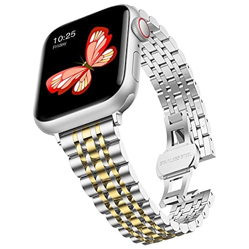 baozai Thin Band Compatible with Apple Watch Band 42mm 41mm 40mm 38mm, Women Slim Stainless Steel Wristband for Apple Watch Series 11-1/SE3/SE2/SE, Silver/Gold