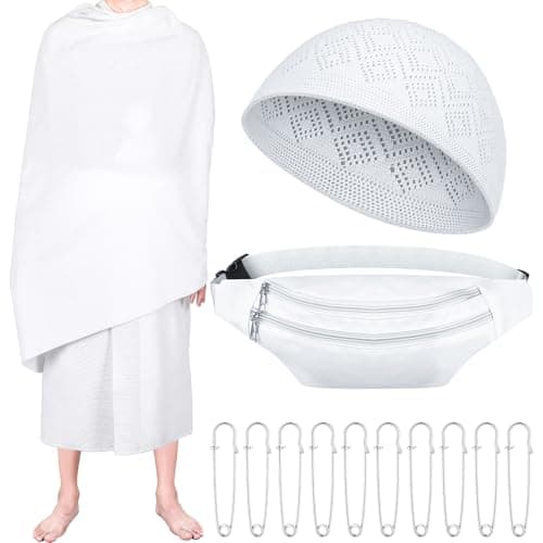 Suhine 14 Count Men's Ihram Set for Hajj and Umrah Essentials, Islamic Ahram Ehram Towel Umrah Haji Waist Belt Kufi Hat and 10 Pins, Free Size