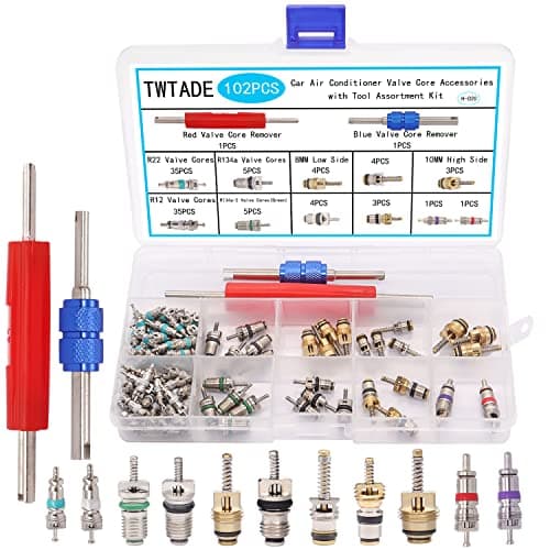 TWTADE 102PCS Car Air Conditioner Valve Core Accessories with Remover Tool Assortment Kit R12 R134a Refrigeration Tire Valve Stem Cores Repair Kit H-020