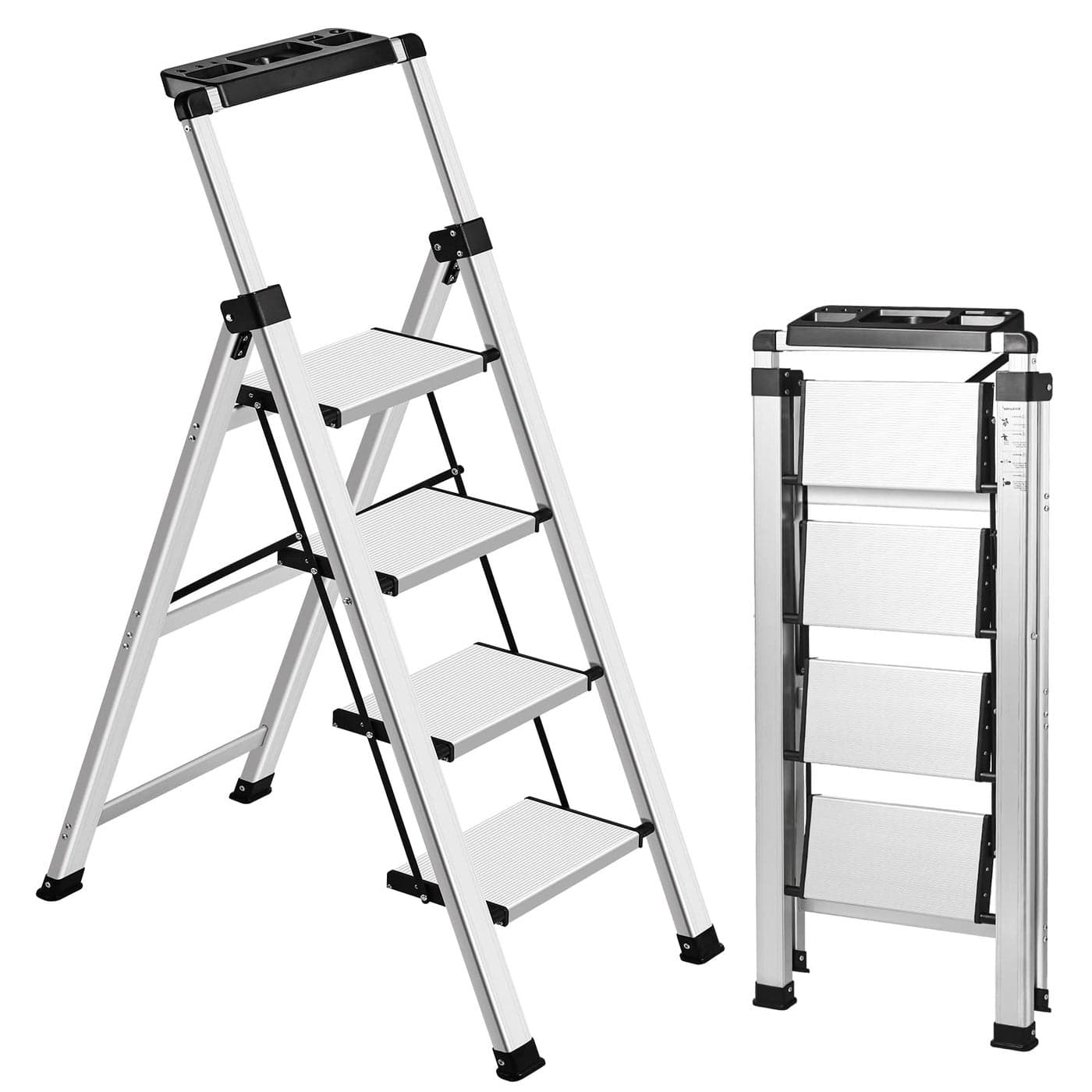 XinSunho 4 Step Ladder Retractable Handgrip Folding Step Stool with AntiSlip Wide Pedal Aluminum Stool Ladders 4 Steps 330lbs Safety Household Ladder
