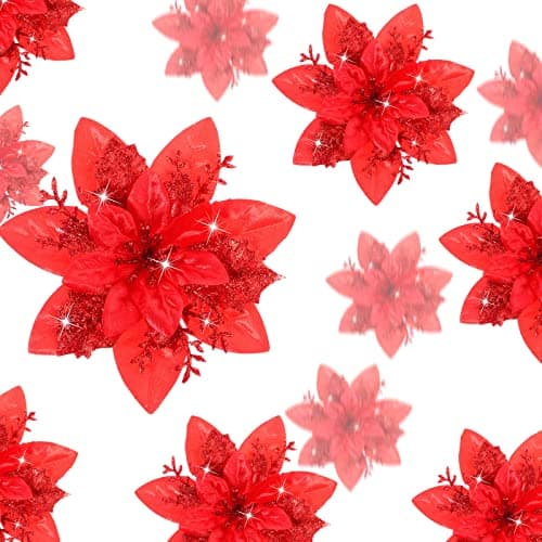 Geosar 24 Christmas Glitter Artificial Poinsettia Flowers Xmas Poinsettia Artificial Wedding Flowers Decorations Xmas Tree Ornaments with Clips for Party Favors 6 Inch 4 Inch 3 Inch Red