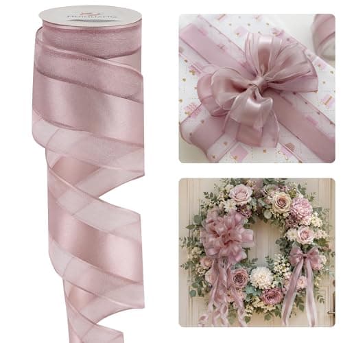 HUIHUANG Dusty Rose Sheer Wired Ribbon with Satin Stripe 25 inch Mauve Wire Ribbon for Bows Making Wreaths Gift Wrapping Wedding Bridal Shower Decor Christmas TreeContinous 10 Yards