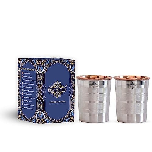 Indian Art Villa Copper and Silver Glass Tumbler, Drinkware and Serveware, 250 ML Each, Set of 2