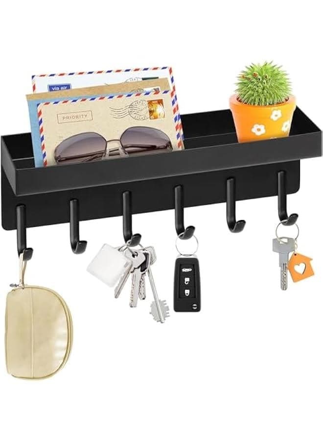 Durku Key Holder Wall Mount, Matte Black Stainless Steel Key Mail Holder Small Key Rack with Tray Adhesive Key Hanger Mail Storge Organizer with 6 Key Hooks for Entryway Hallway Doorway (Black)