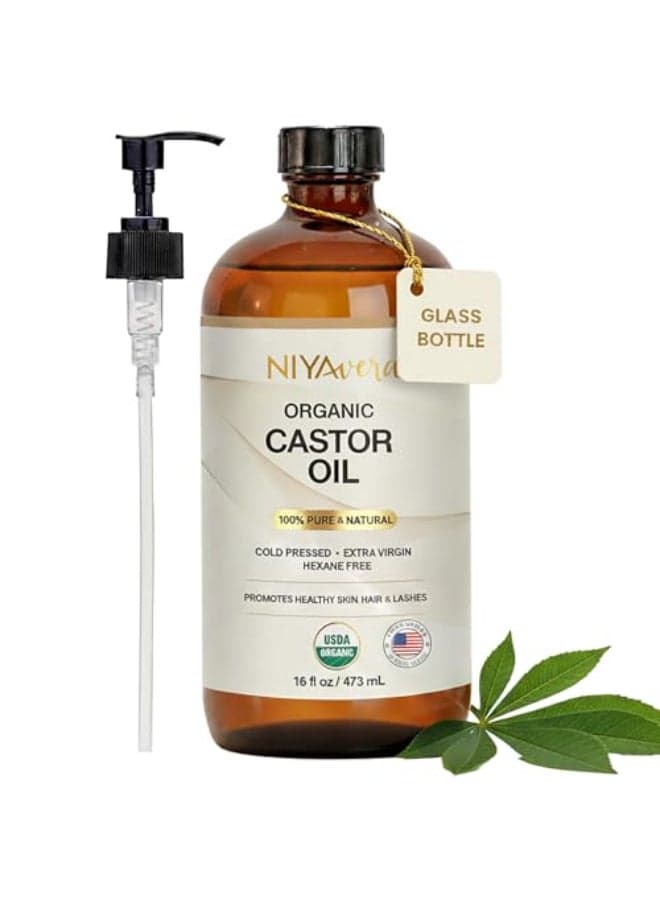 terravera Niyavera Organic Castor Oil USDA Certified 16oz 100 Pure Golden Cold Pressed Unrefined Hexane Free for Hair Growth Eyelashes Eyebrows Skin Glass Bottle with Pump