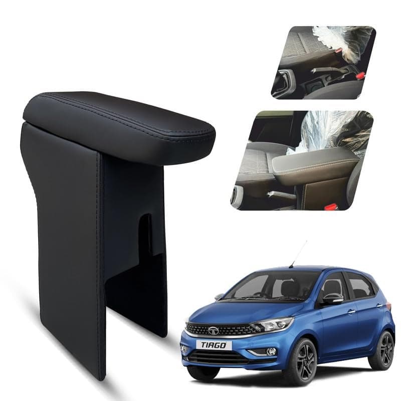 Carigiri Premium Finish Car Armrest with Storage Box And High Density Moulded Foam For Tata Tiago/Tiago Facelift/Tiago 2025 (Black With Black Double Stitching,Nappa Leatherette)