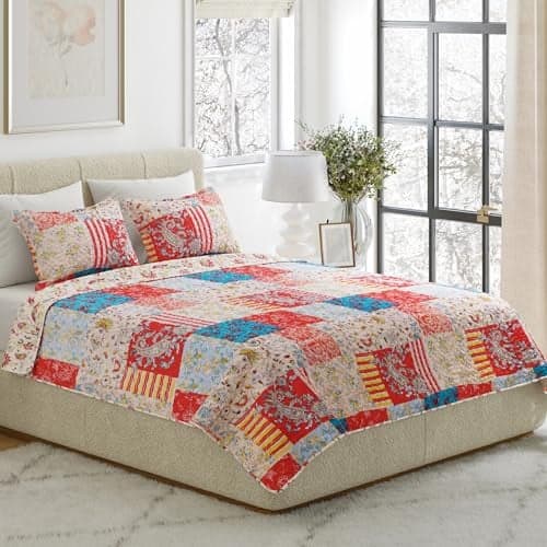 Lavish Home 3-Piece Floral Coquette Quilt Set - Mallory Classic Patchwork Full/Queen Bedding with 2 Pillow Shams - Lightweight, Machine Washable Multicolor Bedding Set