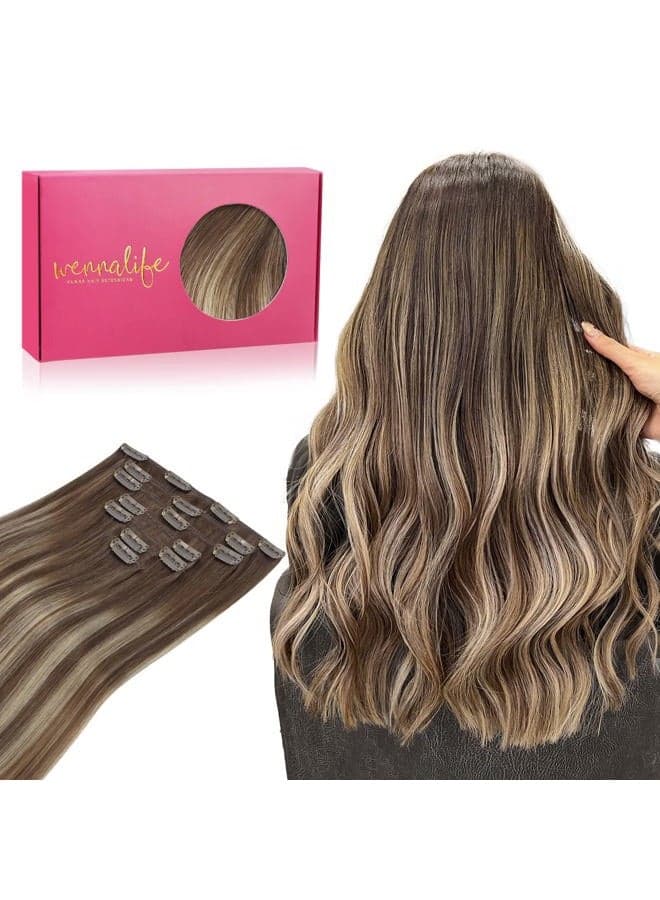 WENNALIFE Clip in Hair Extensions Real Human Hair, 22 Inch 120g 7pcs Balayage Chocolate Brown to Honey Blonde Hair Extensions Clip in Human Hair Remy Clip in Hair Extensions Real Human Hair