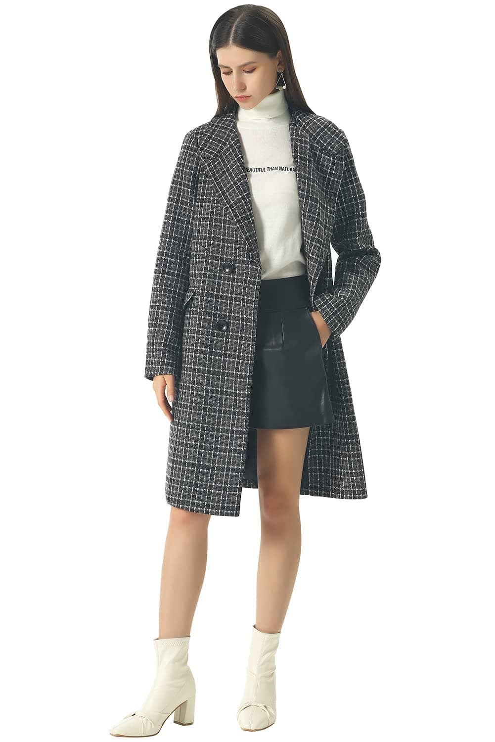 CHARTOU Womens Winter Oversize Lapel Collar Woolen Plaid Double Breasted Long Peacoat Jacket Large Black