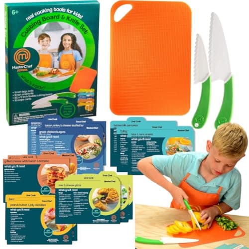 MasterChef Junior Kids Knife Cutting Board Set Includes Real Cutting Tools and 15 Cooking Baking Recipes Silicone Non Slip Grip for Easy Use Food Safe for Children Party Activity Supplies Gift