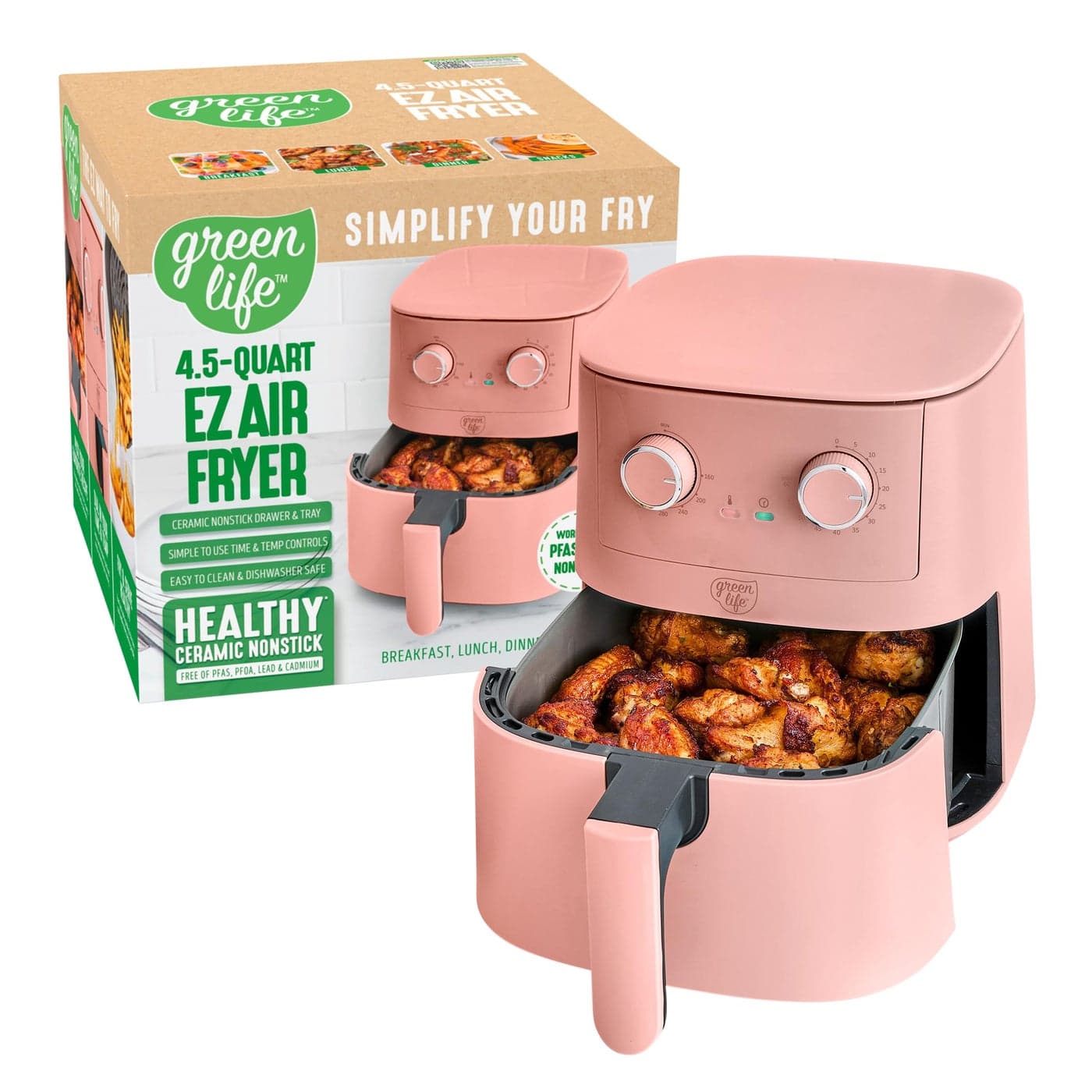 GreenLife 45QT Air Fryer Mechanical Dial Controls PFASFree Ceramic Nonstick Drawer Adjustable Temp Timer LED Indicator OilLess Cooking Dishwasher Safe Compact Family Size Pink