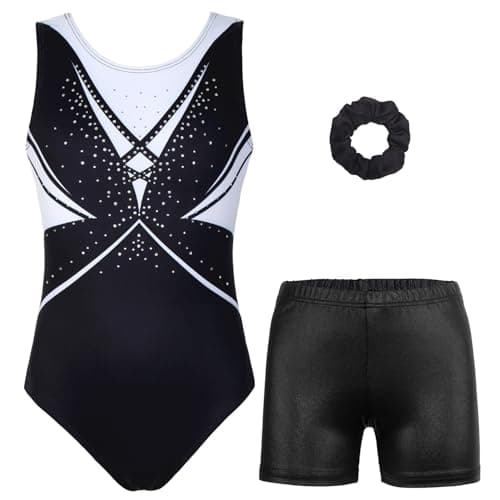MODAFANS Gymnastics Leotards for Girls with Shorts Ballet Dance Set Activewear Classical Black Diamond,8-9Years