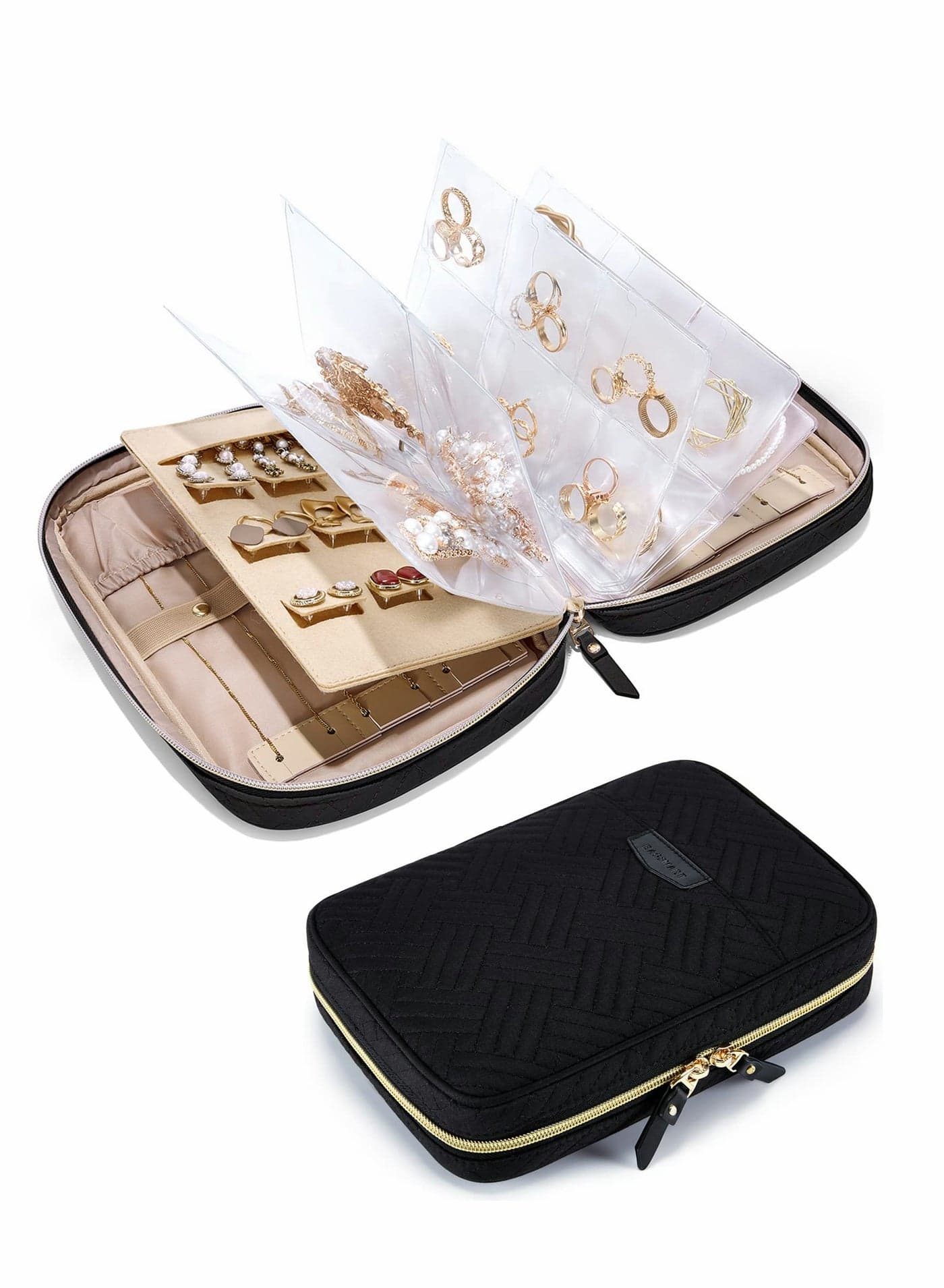 Travel Jewelry Organizer Case Storage Bag Clear Booklet Zipper Pouch for Necklace, Earrings, Rings, Bracelet, Soft Black