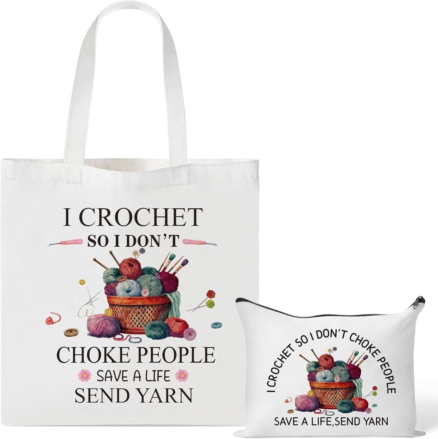Y1tvei Crochet Canvas Tote Bag - 2Pcs I Crochet So I Don't Choke People Save A Life Send Yarn Canvas Cosmetic Pouch Tote Bag, Reusable Grocery Folding Shopping Bag, Knitting Gifts for Crocheters Women