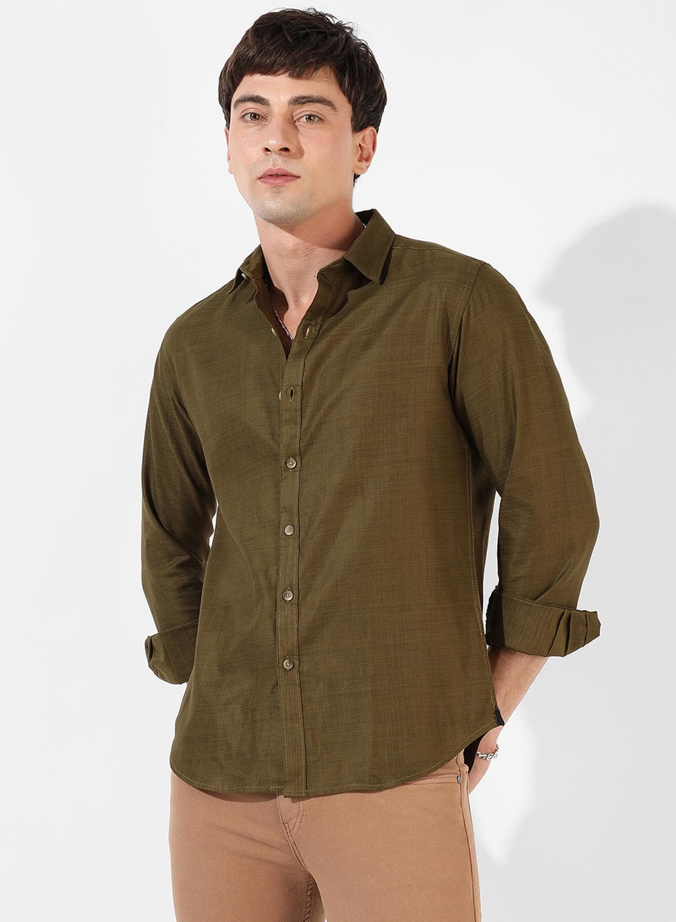 Men's Solid Olive Green Regular Fit Casual Shirt