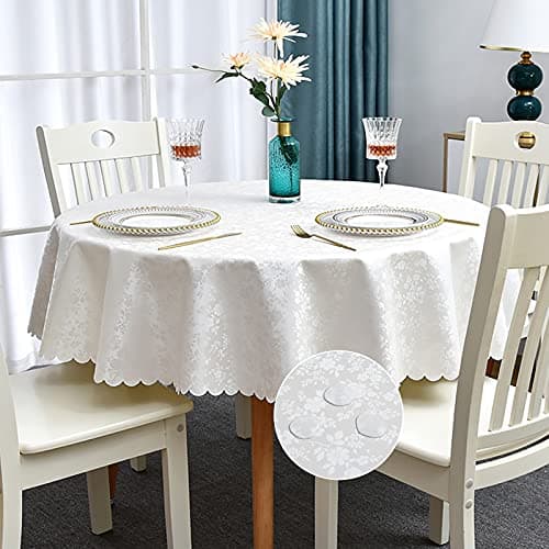 Romanstile Round Vinyl Tablecloth100 Waterproof Heavy Duty Oil Spill Proof Stain Resistant Plastic PU Table Cover with Flannel Backing for Kitchen Dining Rose Ivory White 60 Round