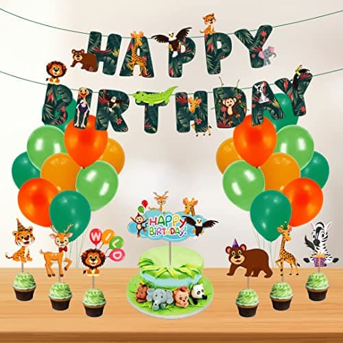 Festiko®Jungle Theme Happy Birthday Party Decoration Combo (28 pcs), Jungle Themes Party Favors for Kids Birthday Decoration(Banner,Cake Topper,Cup Cake Toppers,Multicolour Balloons)