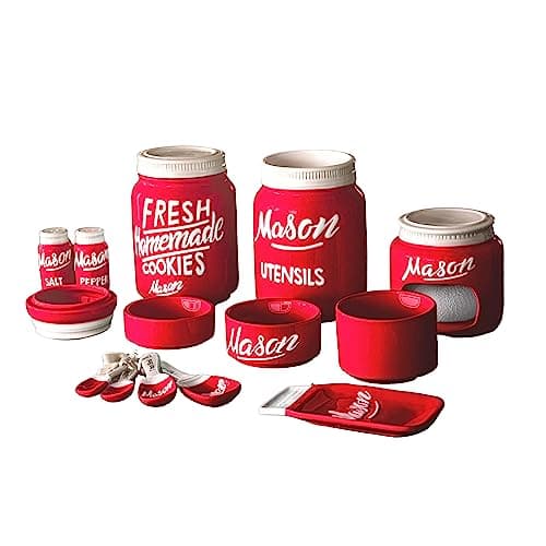 Farmhouse Canisters Sets for the Kitchen - Mason Jar Ceramic Kitchen Utensil Holder, Spoon Rest, Cute Cookie Jar, Salt & Pepper Shaker Sets, Sponge Holder, Measuring Cups & Spoons (Red, 17-Pc Bundle)