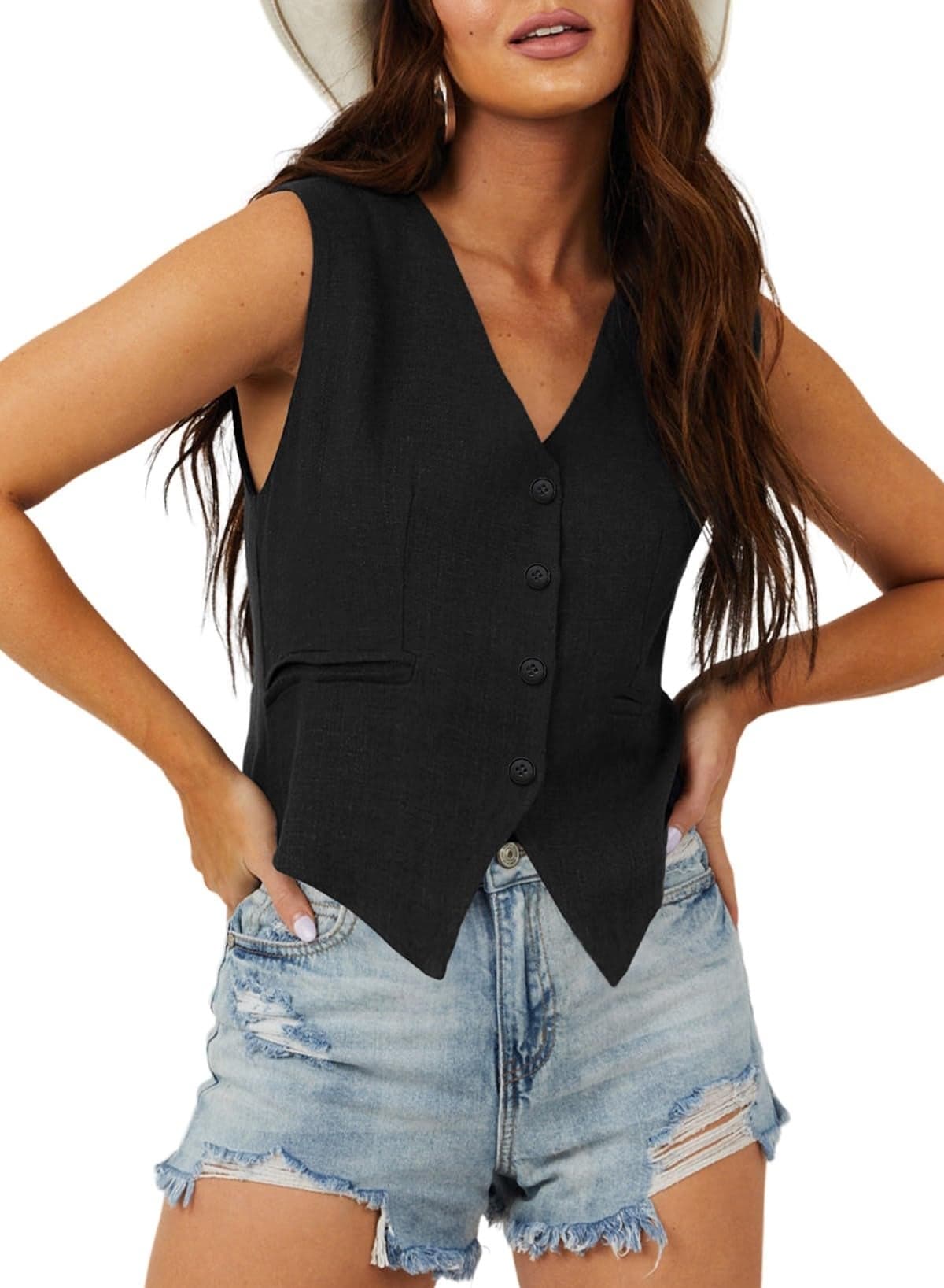 Dokotoo Women's Fashion Dressy Vest V Neck Buttons Side Pockets Business Casual Vests Versatile Outerwear Suit Waistcoats Black Large