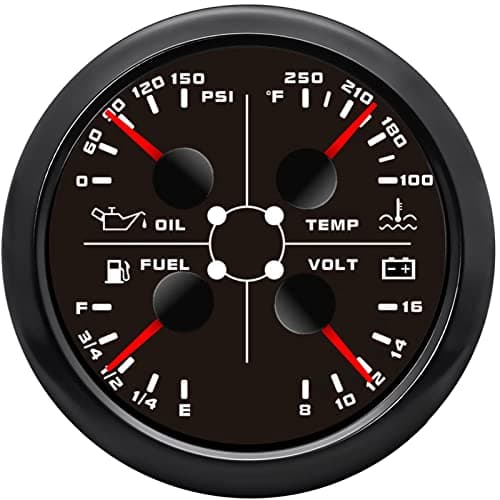 ARTILAURA AUTO Gauge 4in1 Multifunction Meter- Oil Pressure/Water Temp/Fuel Level/Voltmeter 85mm 3 3/8" Automotive Boat Gauge for Car Marine(Black)